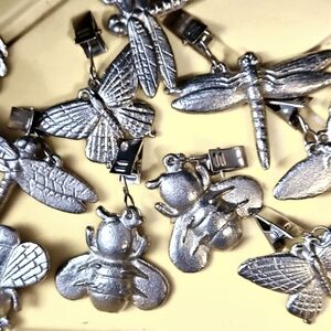 Vintage 12 Pc Set Chic Pewter Silver Garden Creatures Napkin Tablecloth Weights